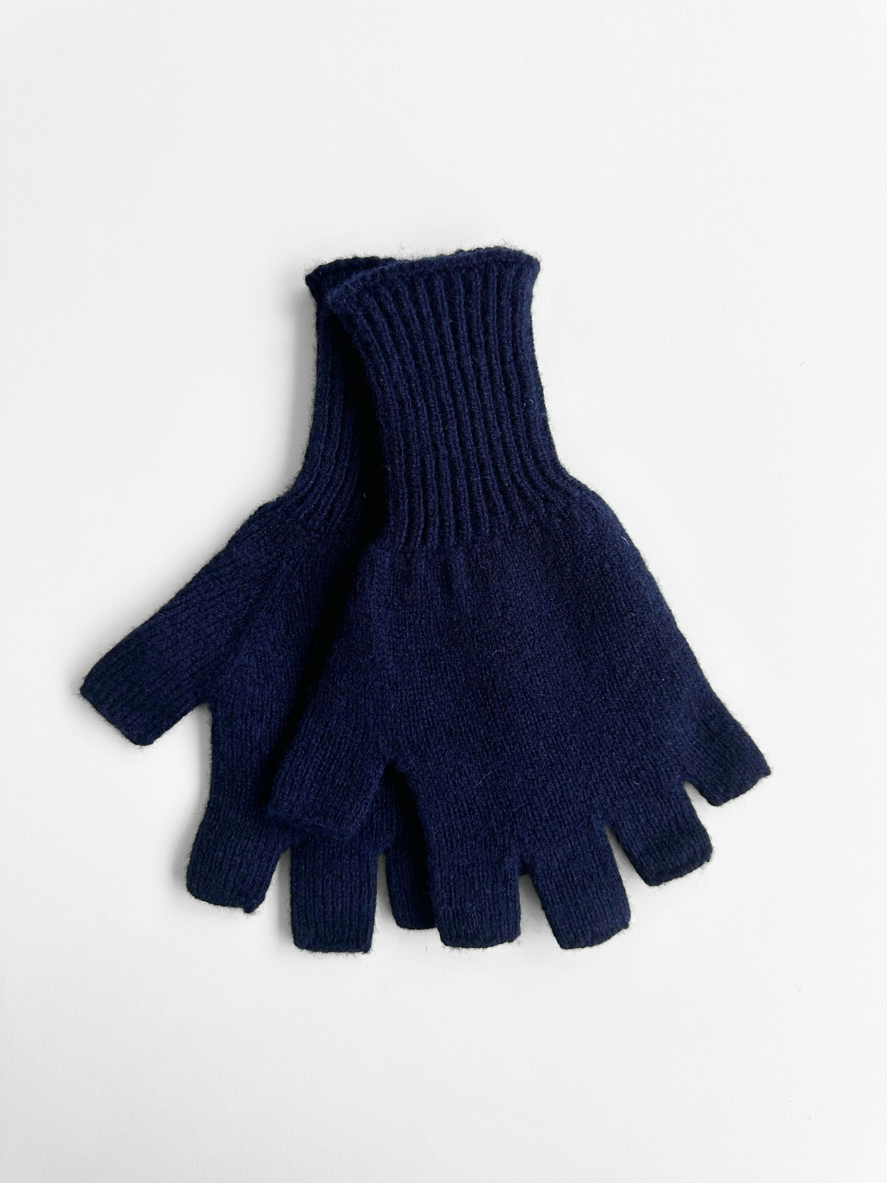 Fingerless Gloves Men's Hand Knit Navy Blue Merino Wool & 