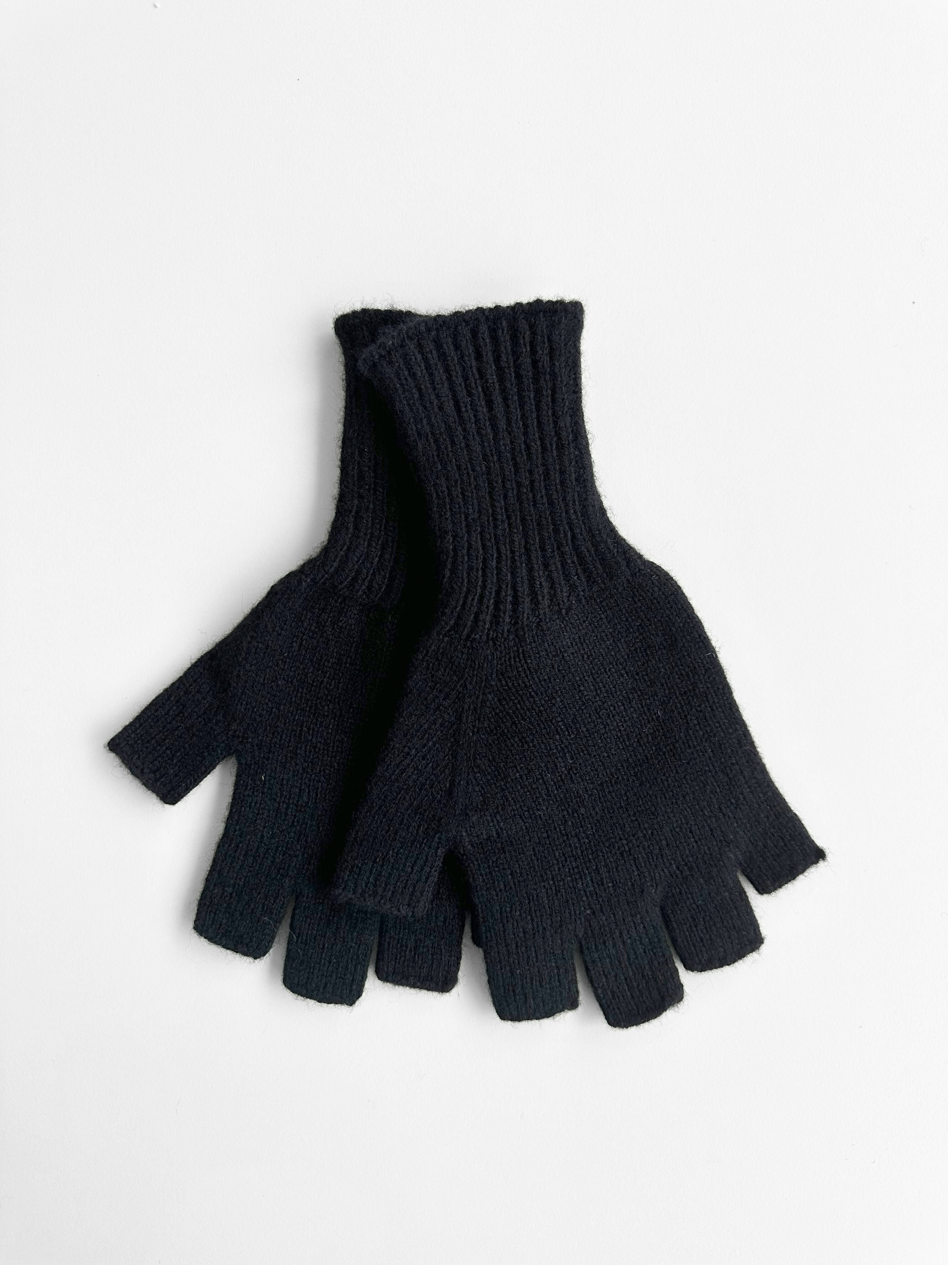 Merino Wool Fingerless Gloves - Black