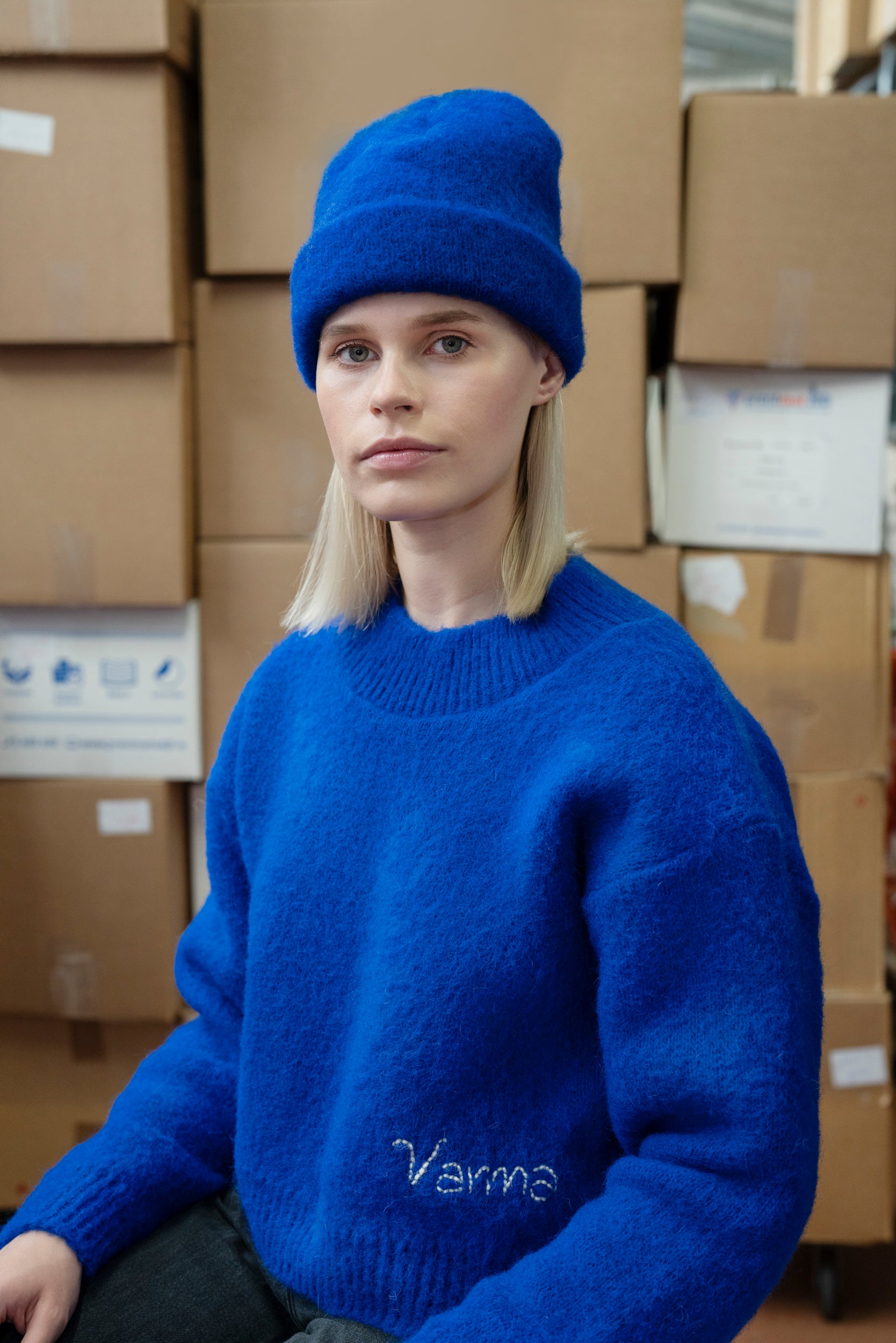 Knitted Brushed Sweater - Blue